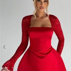 Red Lace Sleeve Square Neck Long Dress
